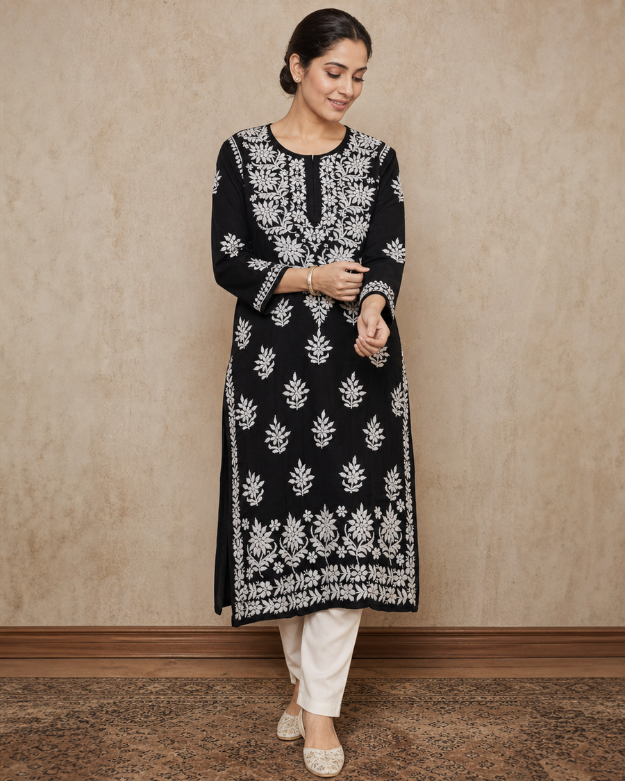 Black Chiffon Chikankari Kurti | Rama Chikan