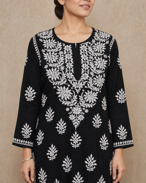 Black Chiffon Chikankari Kurti | Rama Chikan