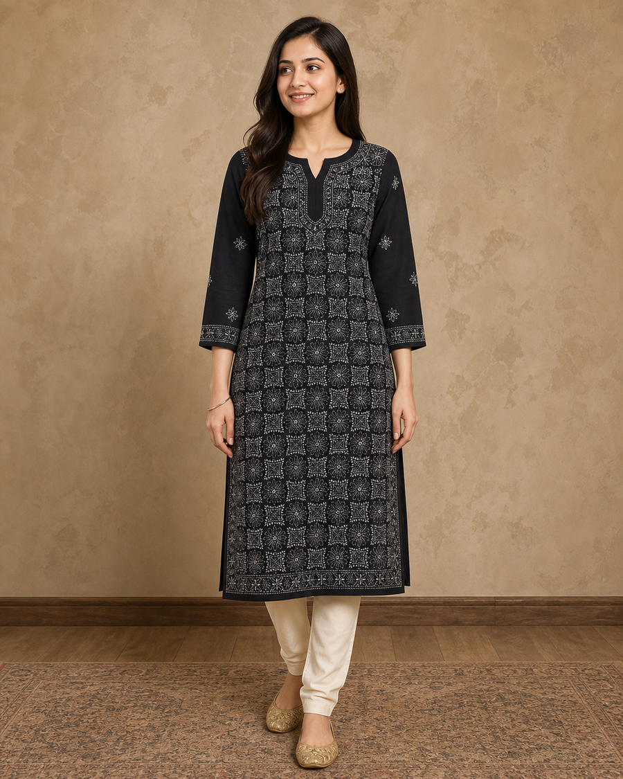 Black Cotton Chikankari Kurti | Rama Chikan
