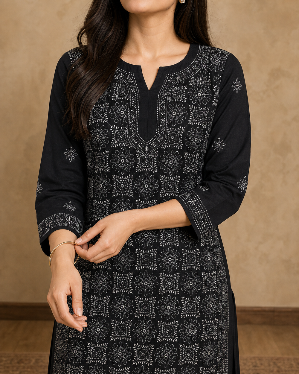 Black Cotton Chikankari Kurti | Rama Chikan