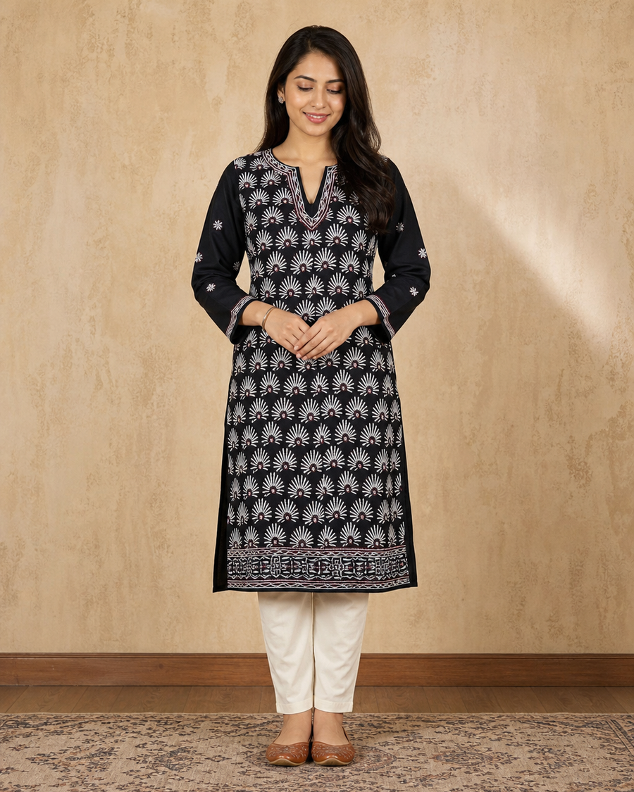 Black Cotton Hand-Embroidered Chikankari Kurti