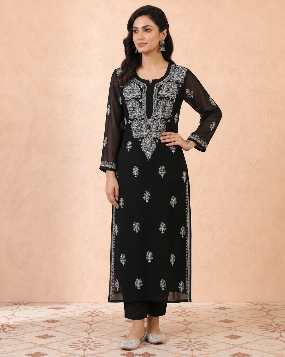 Black Georgette Chikankari Kurta Pyjama Set