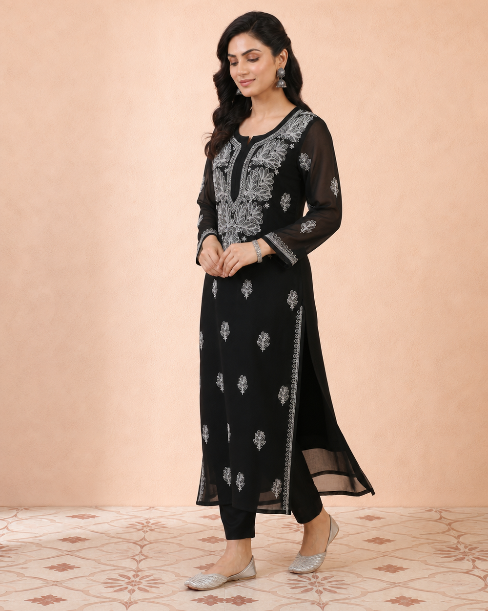 Black Georgette Chikankari Kurta Pyjama Set