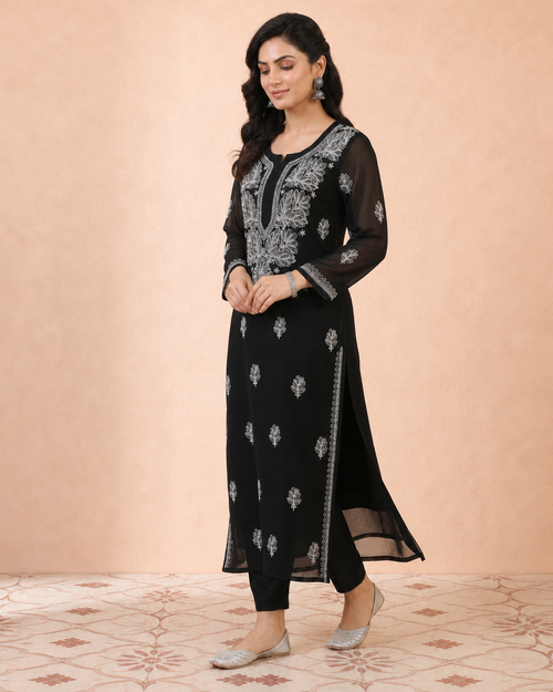 Black Georgette Chikankari Kurta Pyjama Set