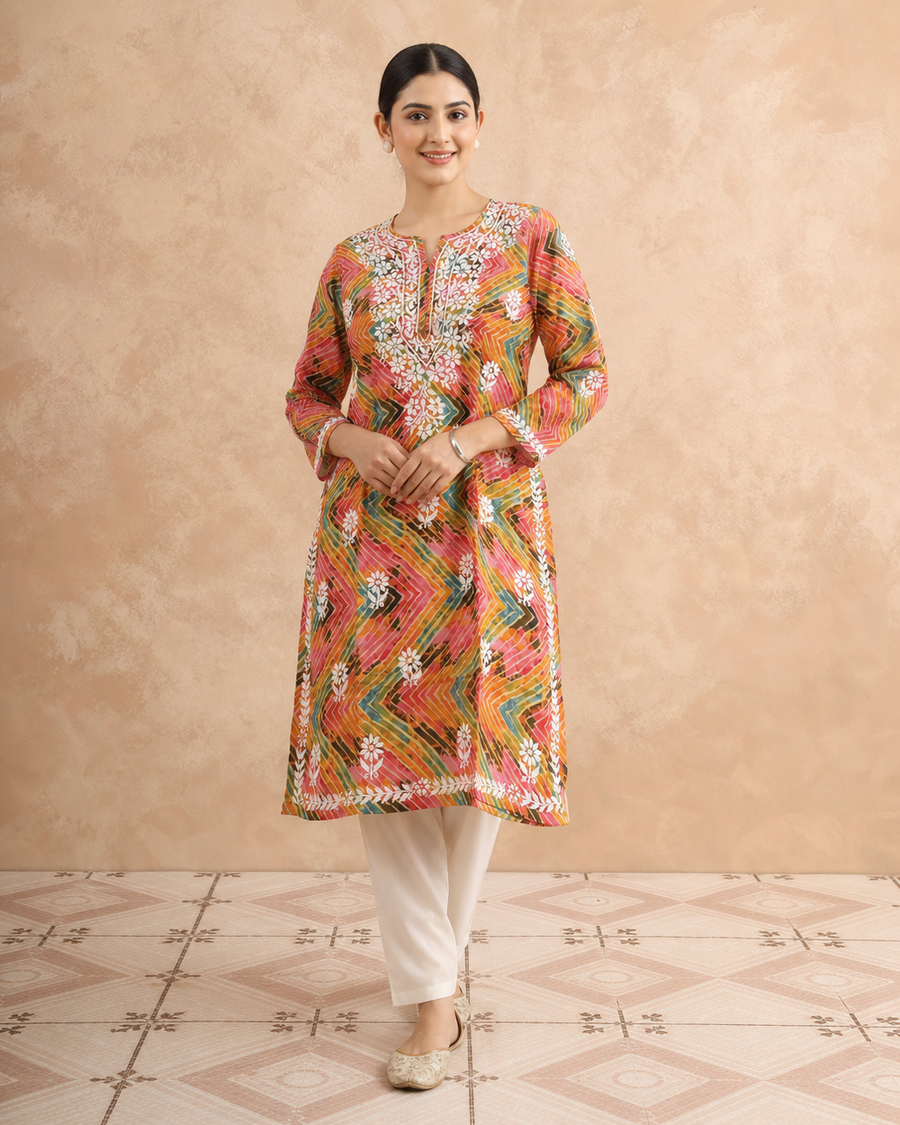 Coral Pink Reyon Chikankari Kurti | Rama Chikan