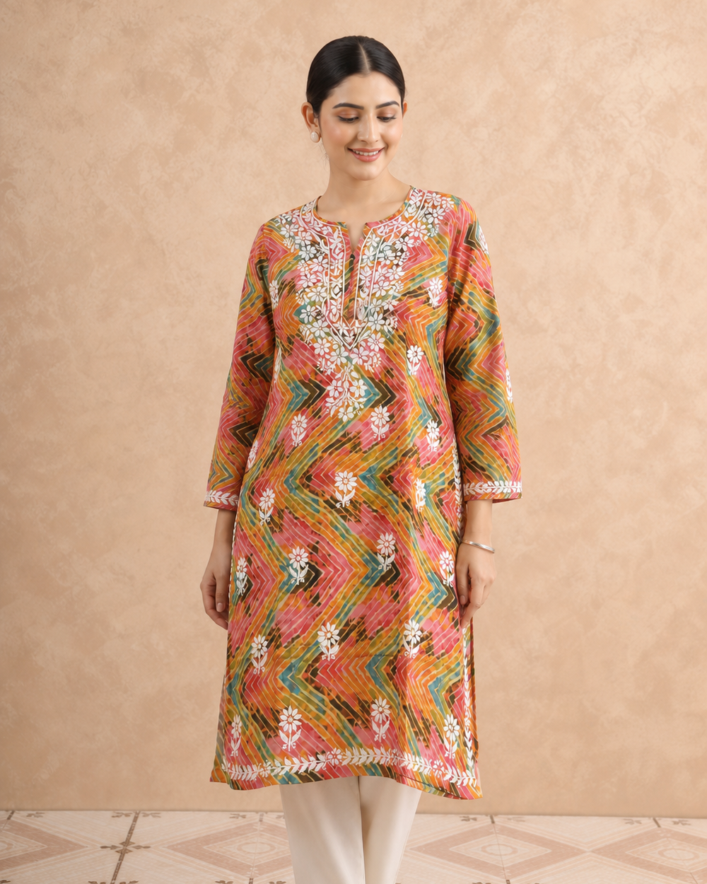 Coral Pink Reyon Chikankari Kurti | Rama Chikan
