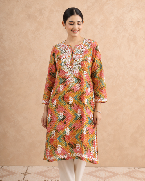 Coral Pink Reyon Chikankari Kurti | Rama Chikan