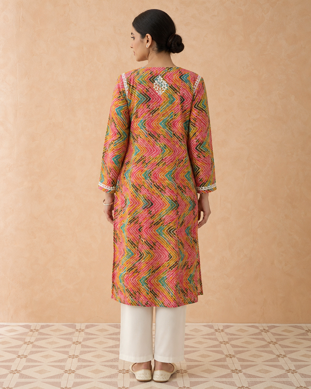 Coral Pink Reyon Chikankari Kurti | Rama Chikan