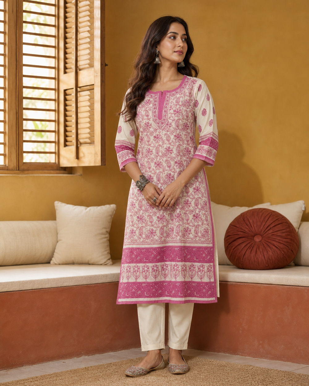 Cream Cotton Chikankari Kurti | Rama Chikan