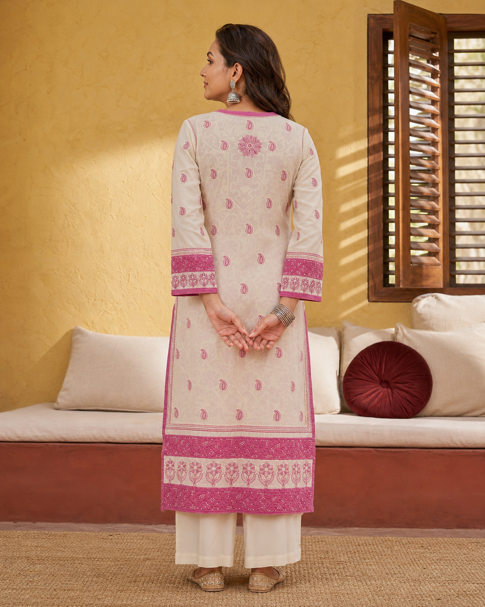 Cream Cotton Chikankari Kurti | Rama Chikan