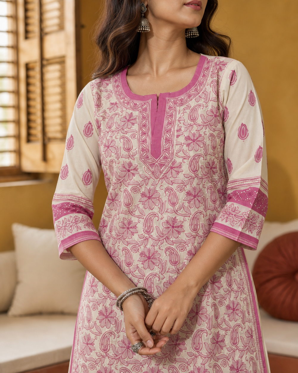 Cream Cotton Chikankari Kurti | Rama Chikan