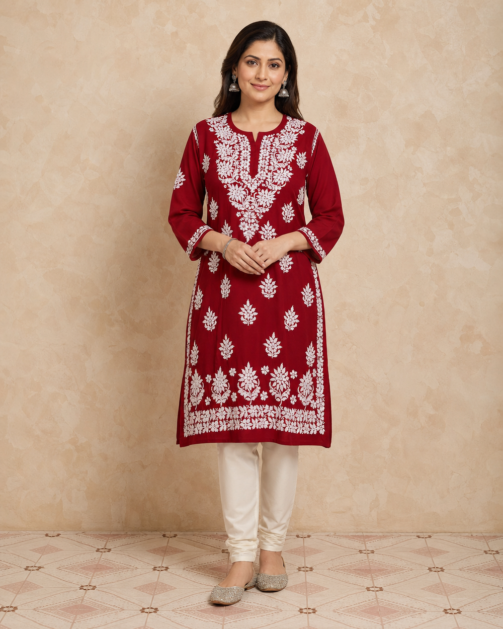 Dark Red Chiffon Chikankari Kurti