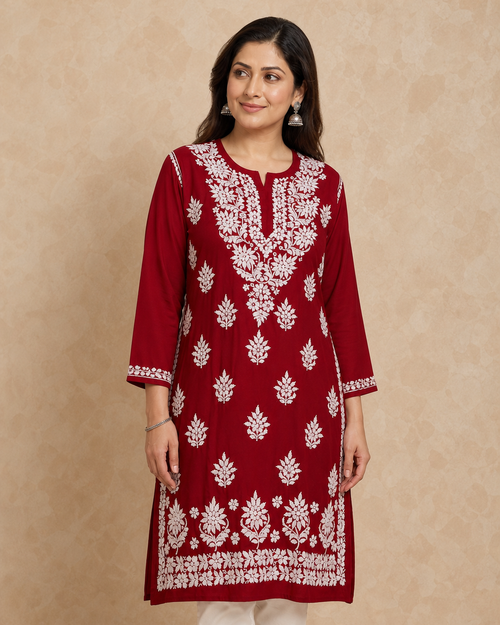 Dark Red Chiffon Chikankari Kurti