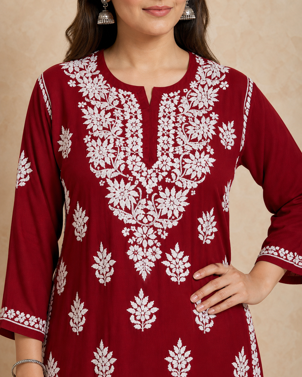 Dark Red Chiffon Chikankari Kurti