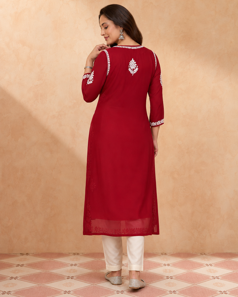 Dark Red Chiffon Chikankari Kurti