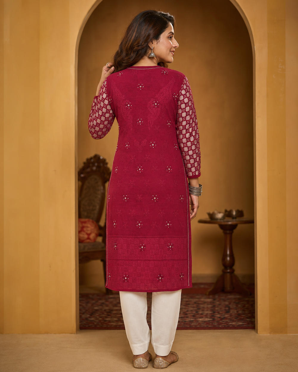 Deep Red Cotton Chikankari Kurti
