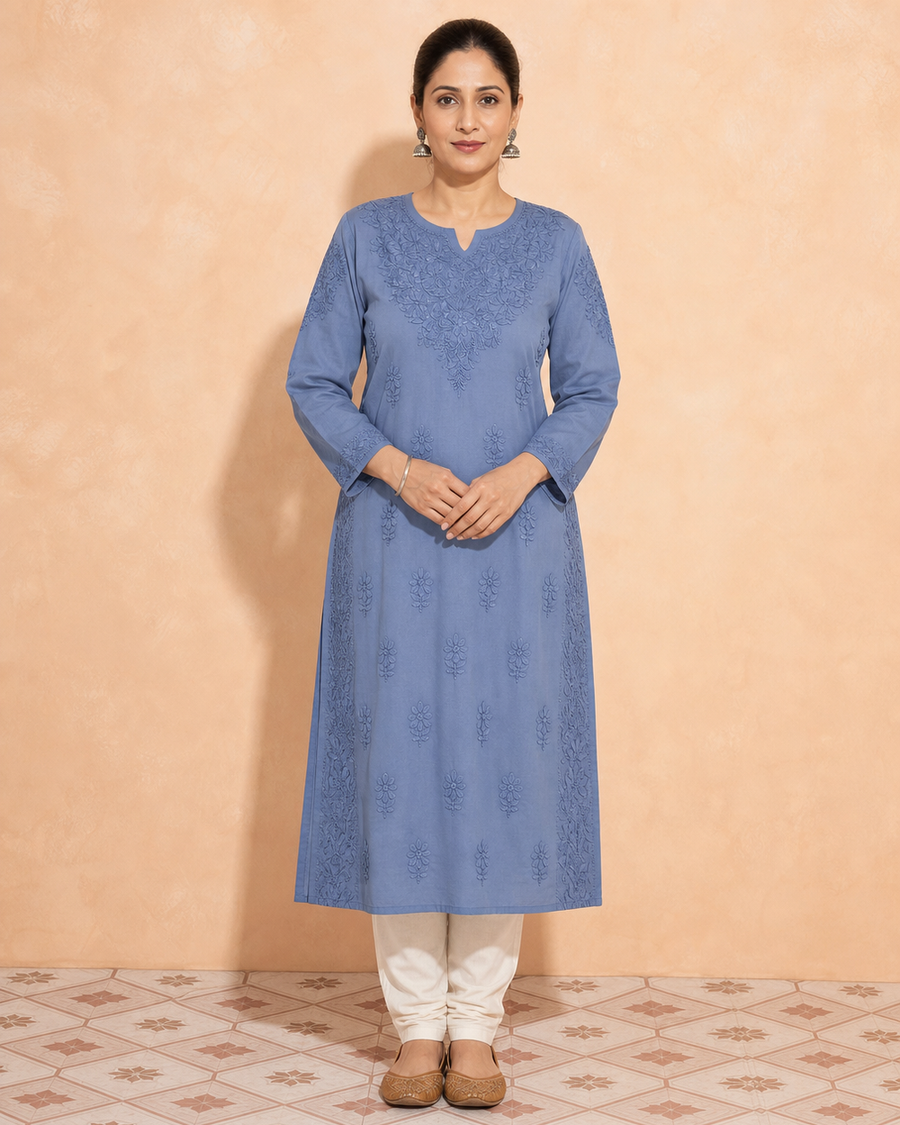 Dusty Blue Chanderi Silk Chikankari Kurti | Rama Chikan