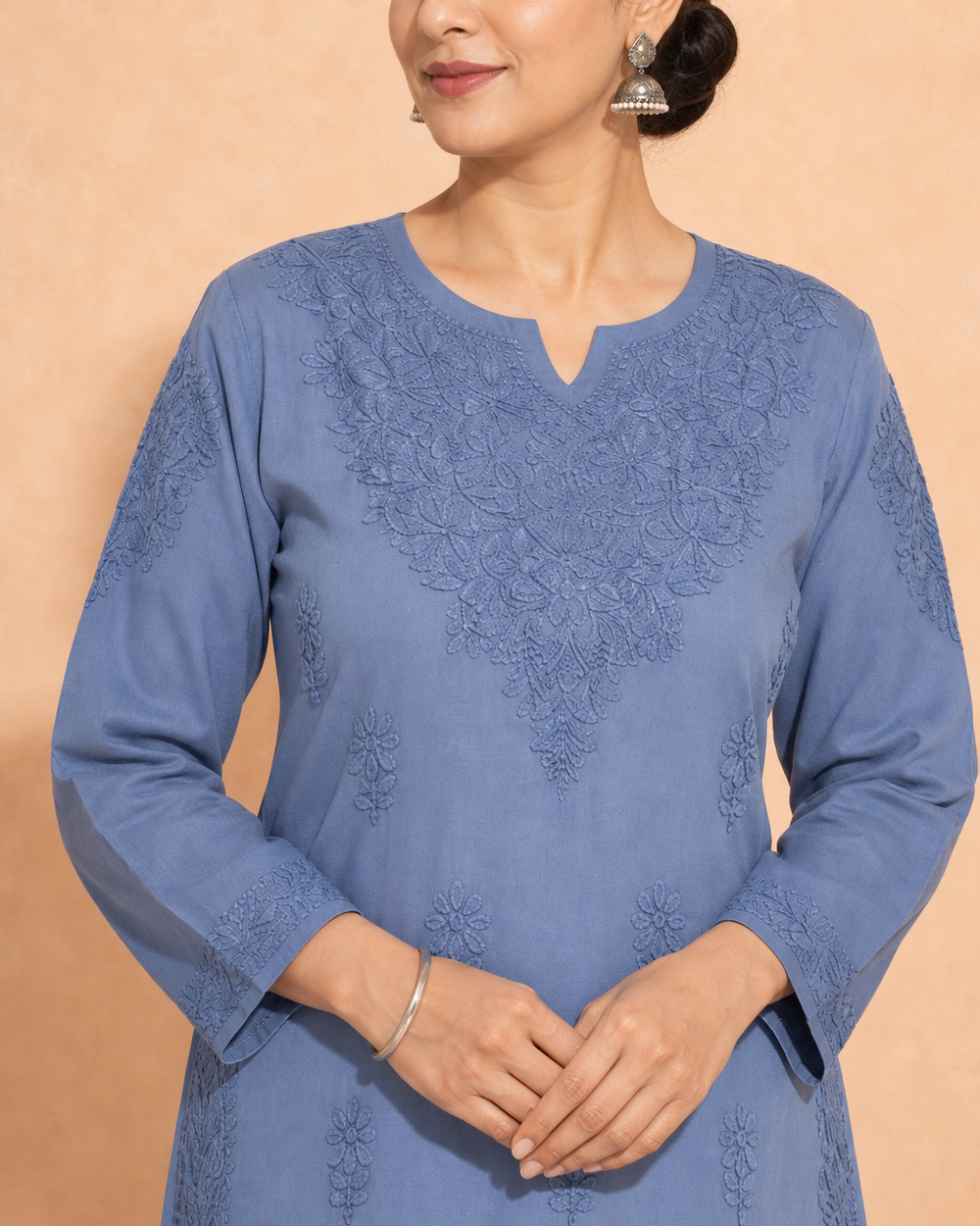 Dusty Blue Chanderi Silk Chikankari Kurti | Rama Chikan
