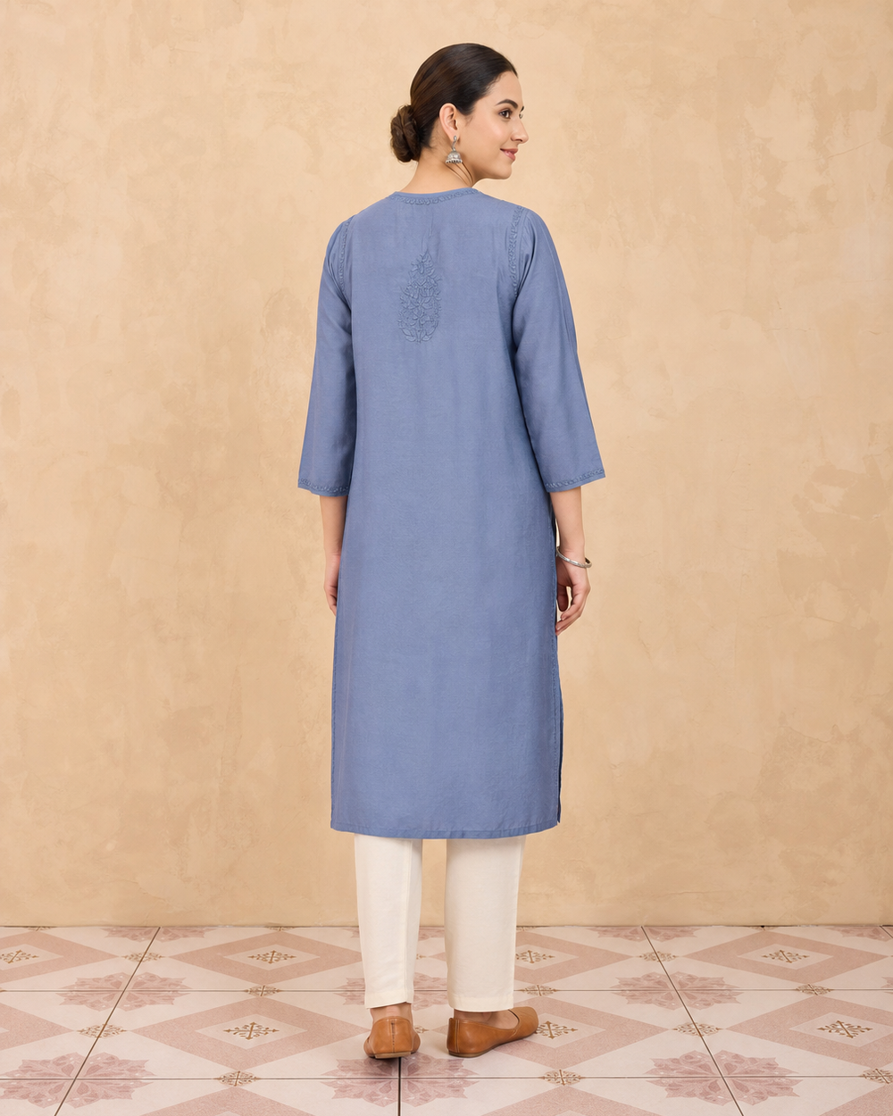 Dusty Blue Chanderi Silk Chikankari Kurti | Rama Chikan