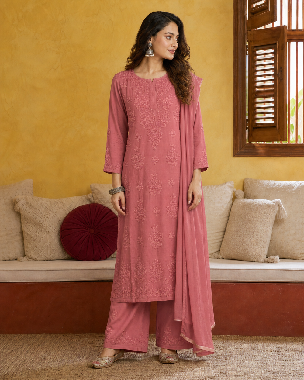 Dusty Rose Pink Modal Chikankari Kurti & Pyjama Set