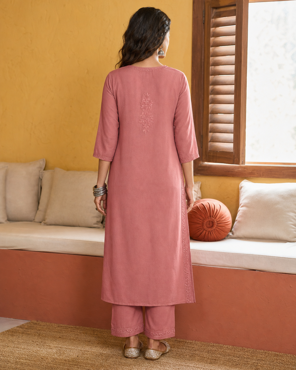 Dusty Rose Pink Modal Chikankari Kurti & Pyjama Set