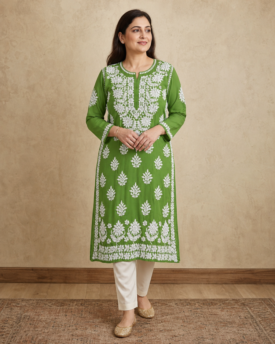Green Chiffon Chikankari Kurti | Rama Chikan