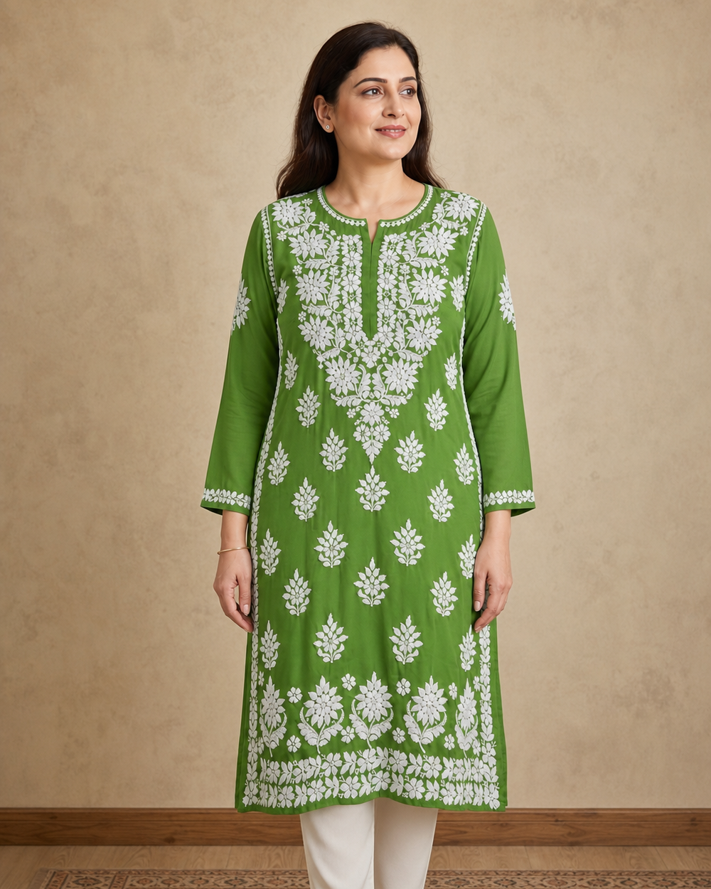 Green Chiffon Chikankari Kurti | Rama Chikan
