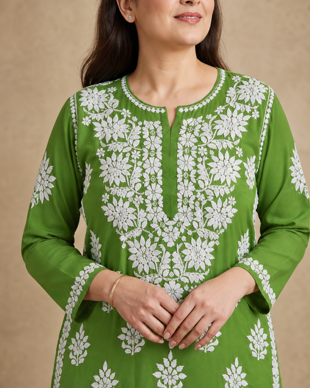Green Chiffon Chikankari Kurti | Rama Chikan