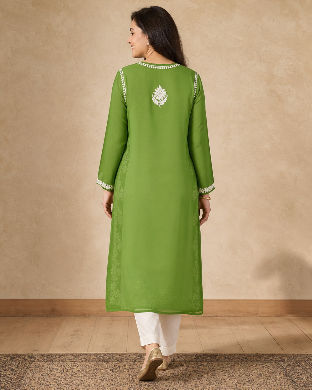 Green Chiffon Chikankari Kurti | Rama Chikan