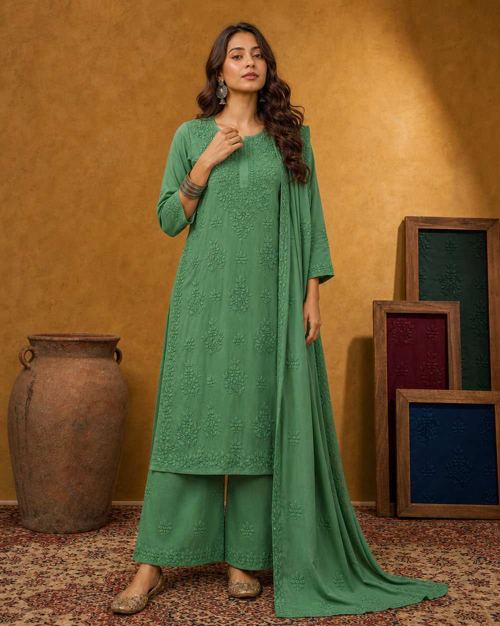 Green Modaal Kurti & Pyjama Set – Hand-Embroidered Chikankari