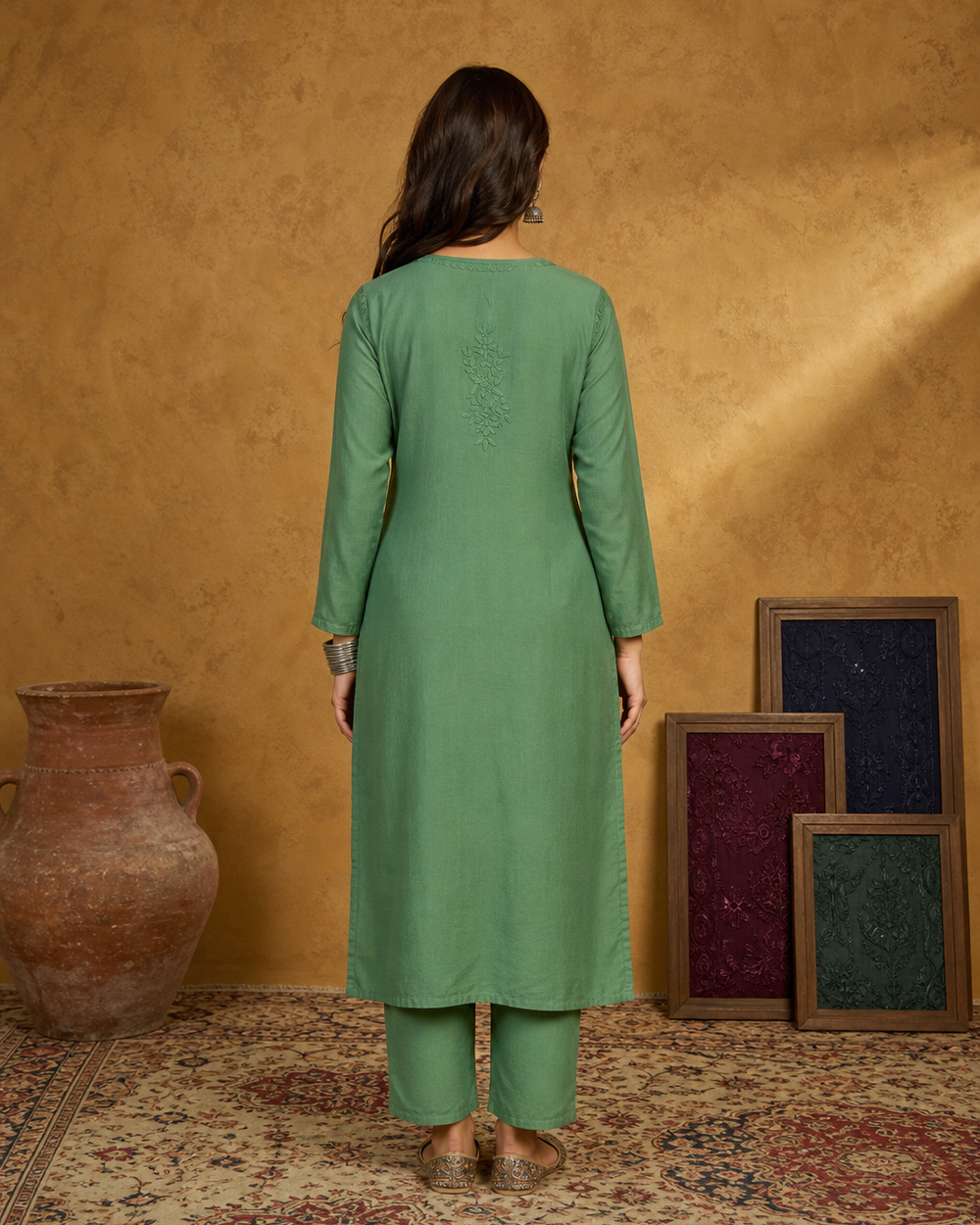 Green Modaal Kurti & Pyjama Set – Hand-Embroidered Chikankari