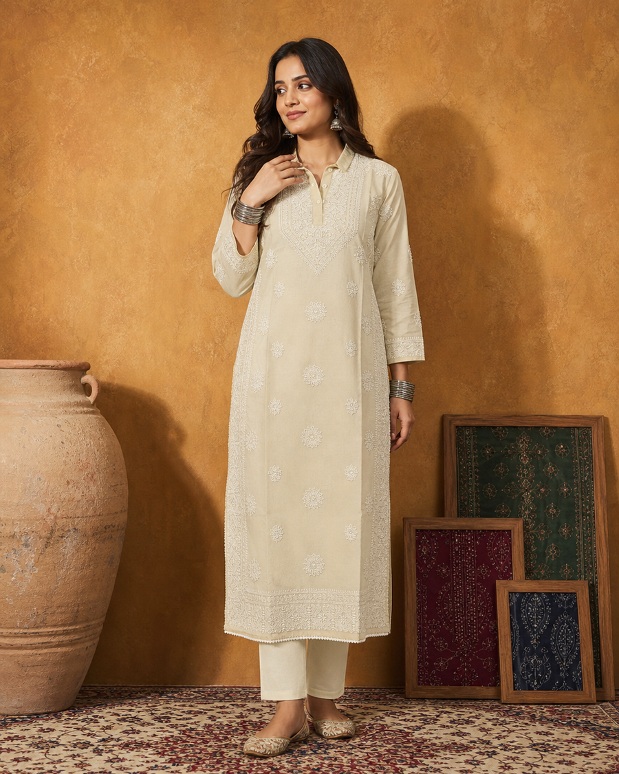 Light Beige Cotton Chikankari Kurti | Rama Chikan