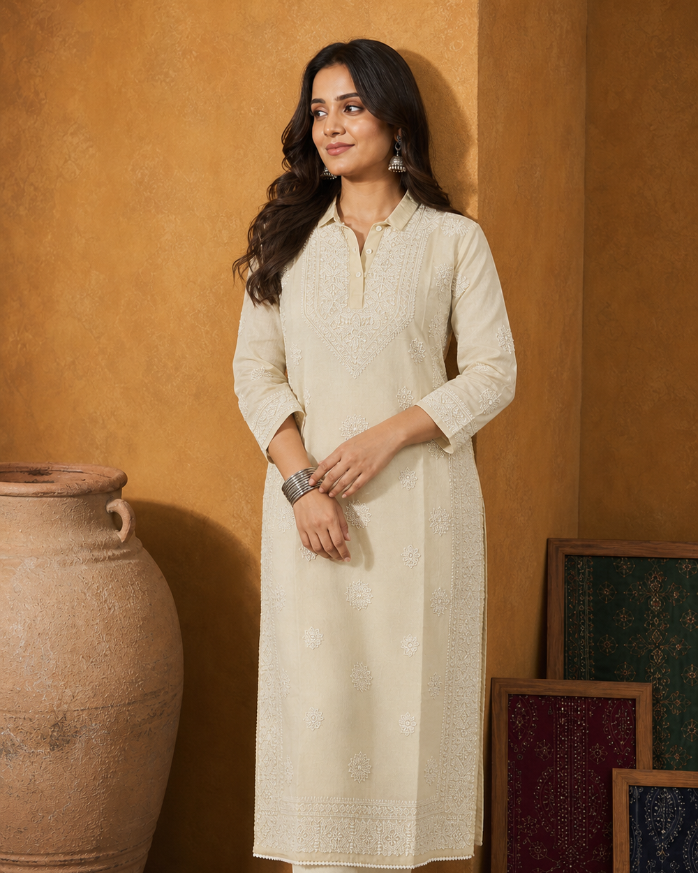 Light Beige Cotton Chikankari Kurti | Rama Chikan