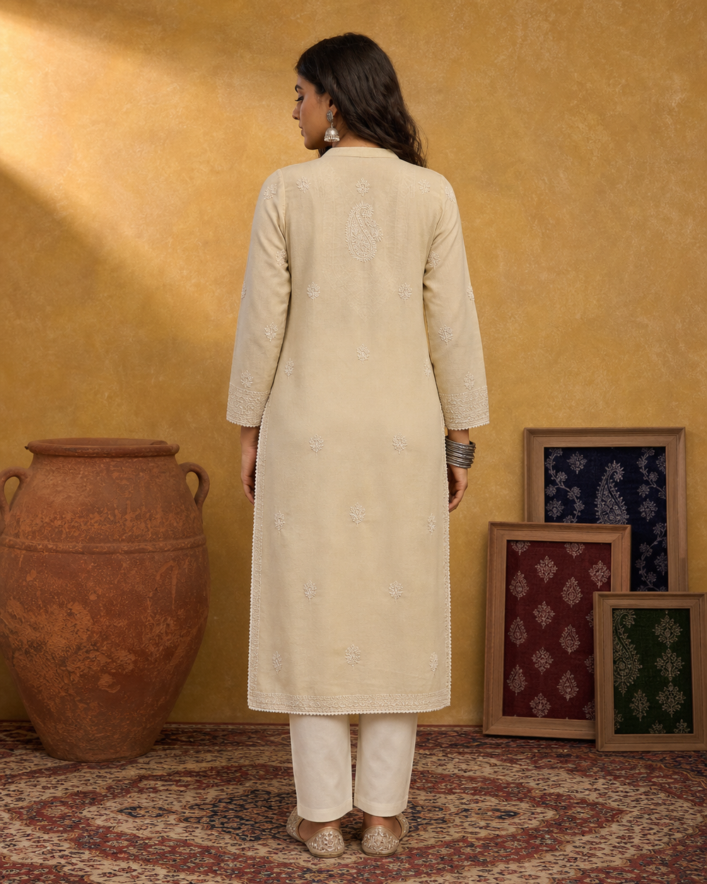 Light Beige Cotton Chikankari Kurti | Rama Chikan