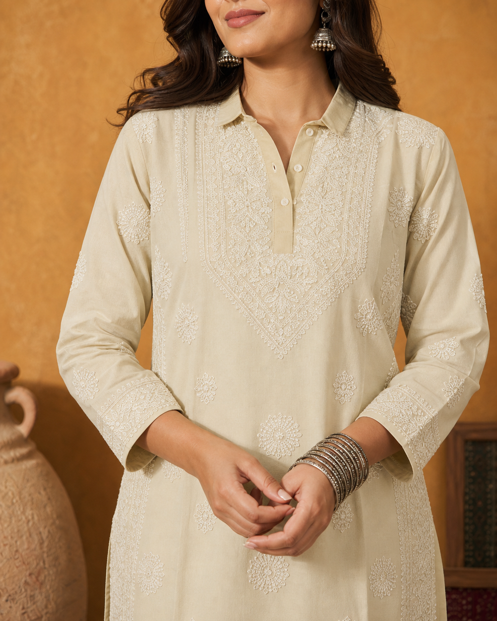 Light Beige Cotton Chikankari Kurti | Rama Chikan