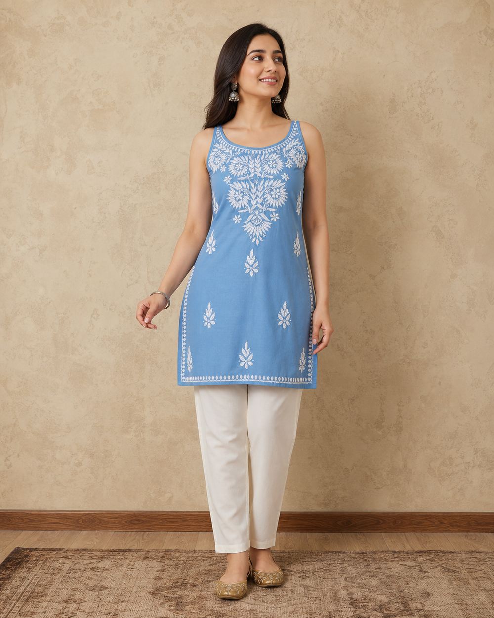 Light Blue Cotton Chikankari Kurti | Rama Chikan