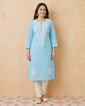 Light Blue Cotton Chikankari Kurti | Rama Chikan