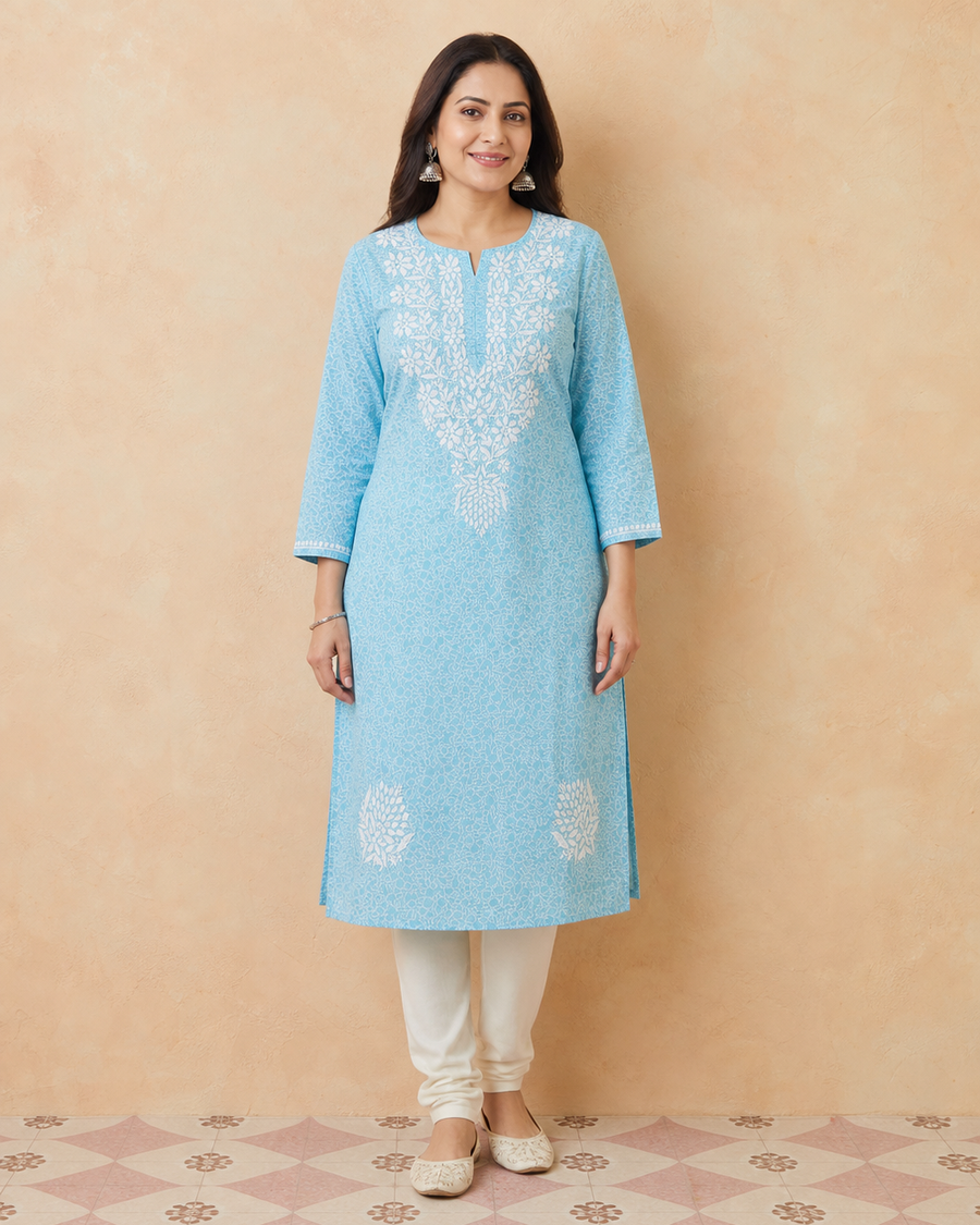 Light Blue Cotton Chikankari Kurti | Rama Chikan