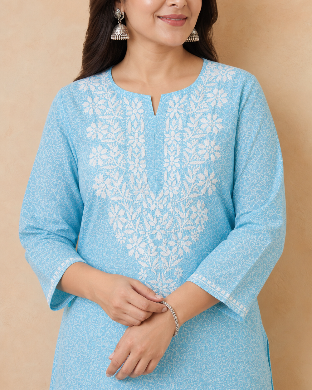 Light Blue Cotton Chikankari Kurti | Rama Chikan