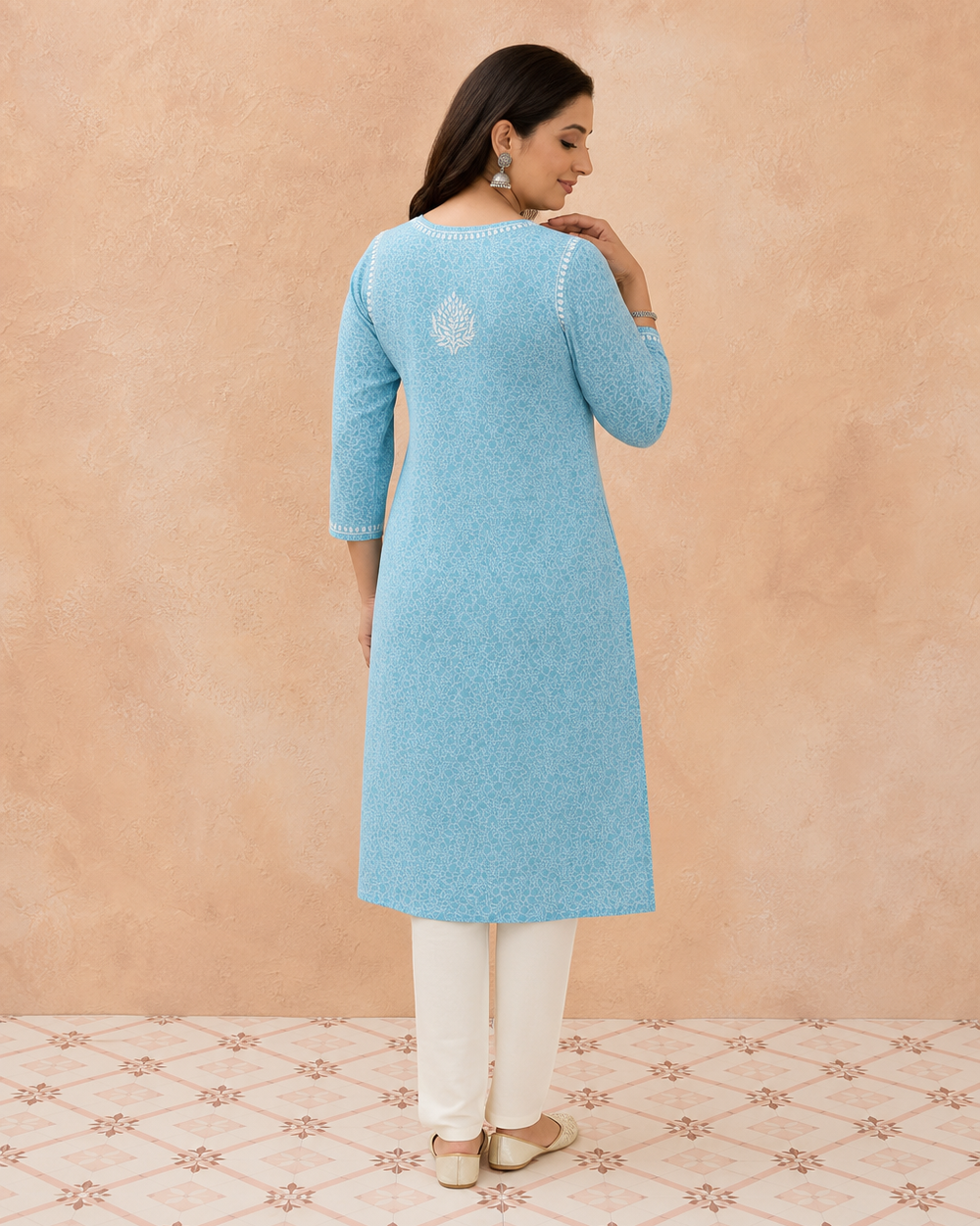 Light Blue Cotton Chikankari Kurti | Rama Chikan