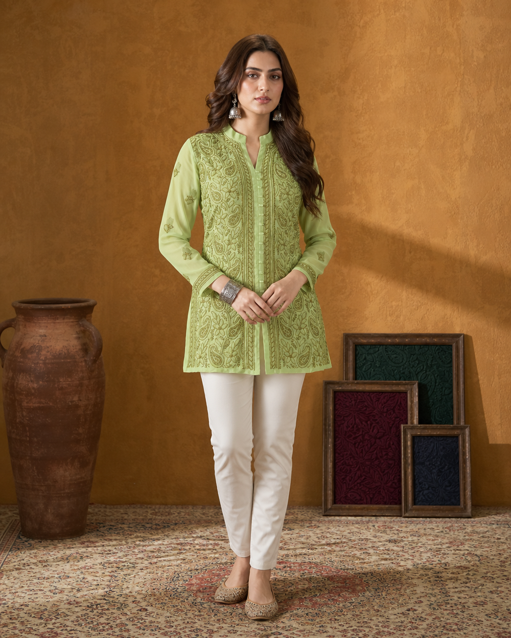 Light Green Chiffon Chikankari Kurti | Rama Chikan