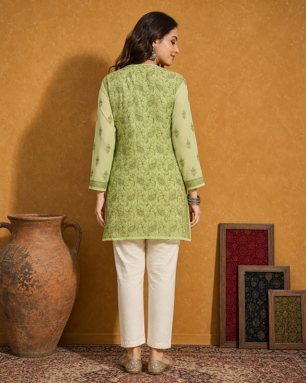 Light Green Chiffon Chikankari Kurti | Rama Chikan