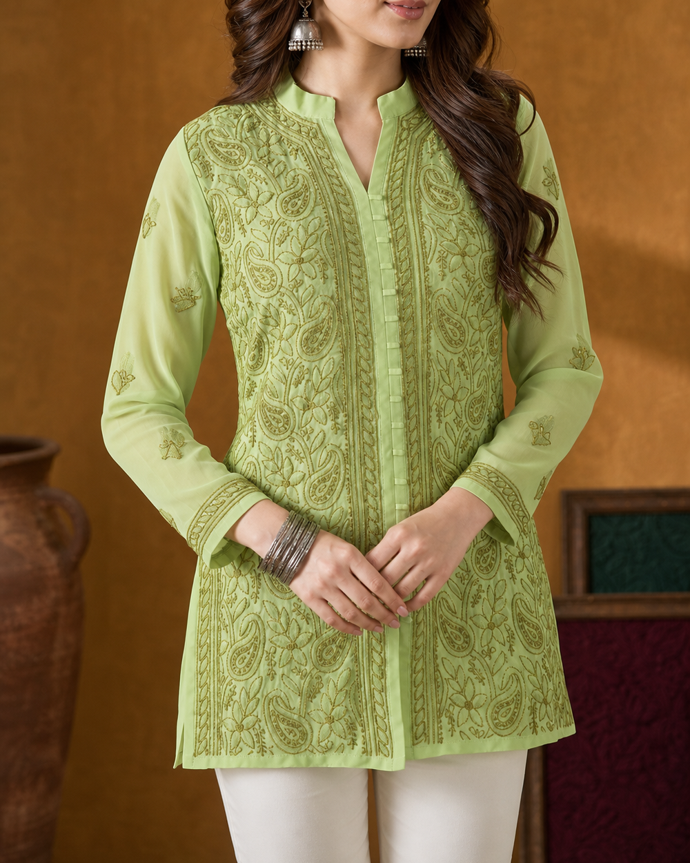 Light Green Chiffon Chikankari Kurti | Rama Chikan
