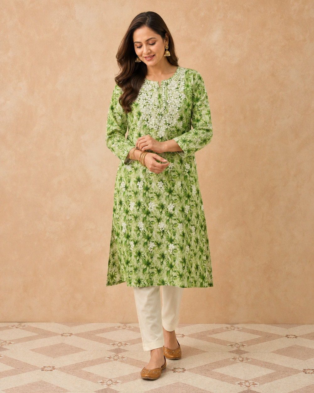Light Green Cotton Chikankari Kurti | Rama Chikan