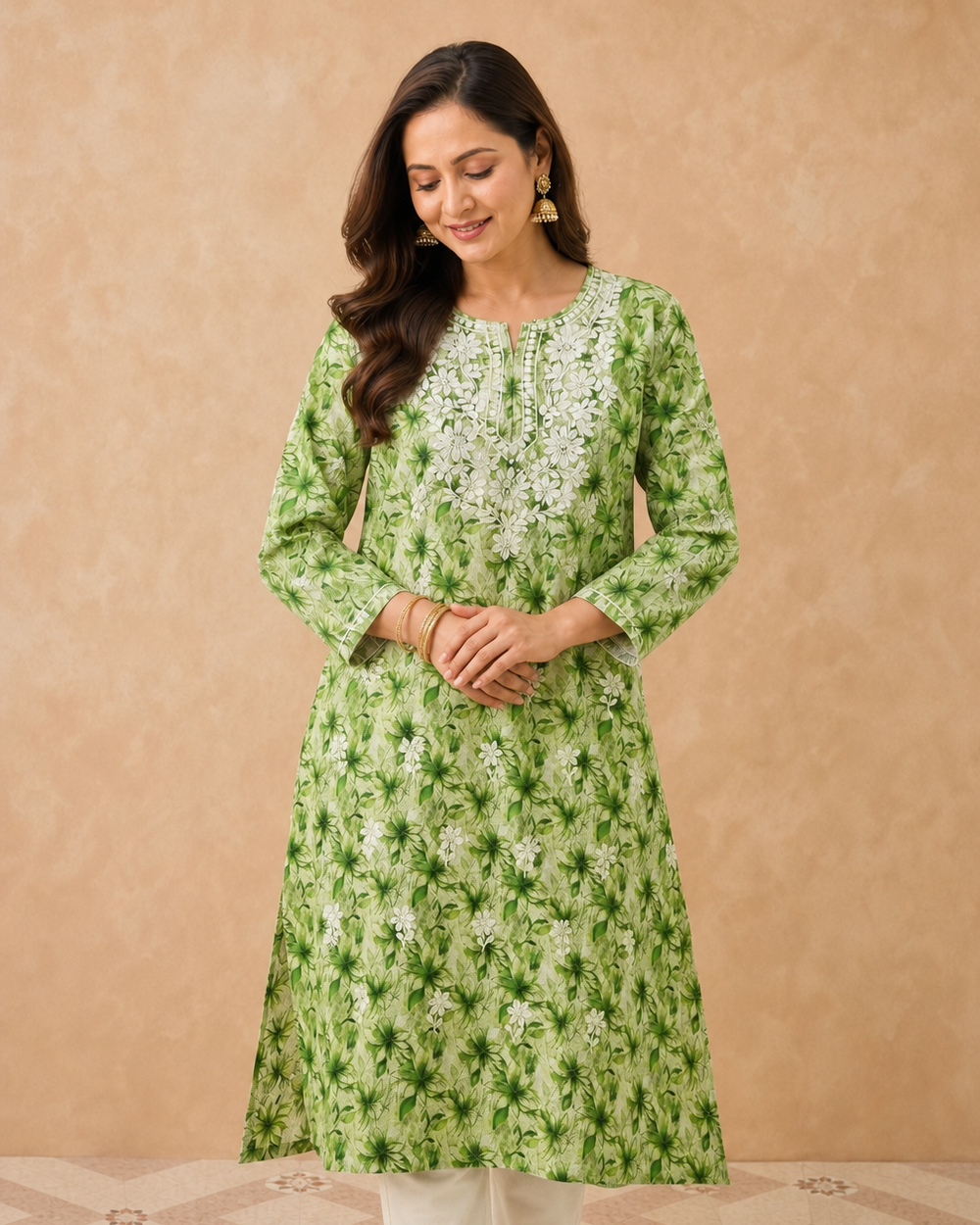 Light Green Cotton Chikankari Kurti | Rama Chikan