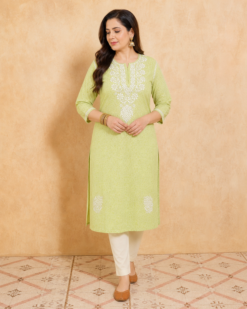 Light Lime Green Cotton Chikankari Kurti
