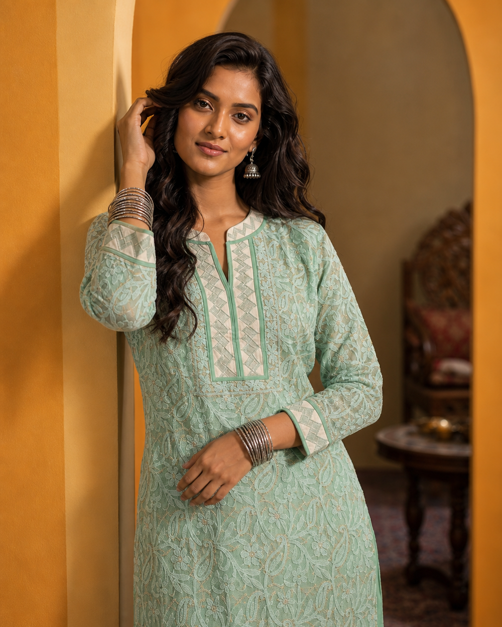 Light Mint Green Chiffon Chikankari Kurti | Rama Chikan