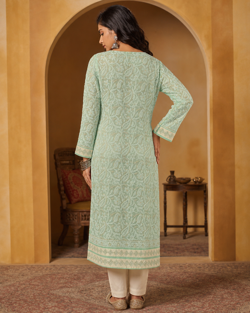 Light Mint Green Chiffon Chikankari Kurti | Rama Chikan
