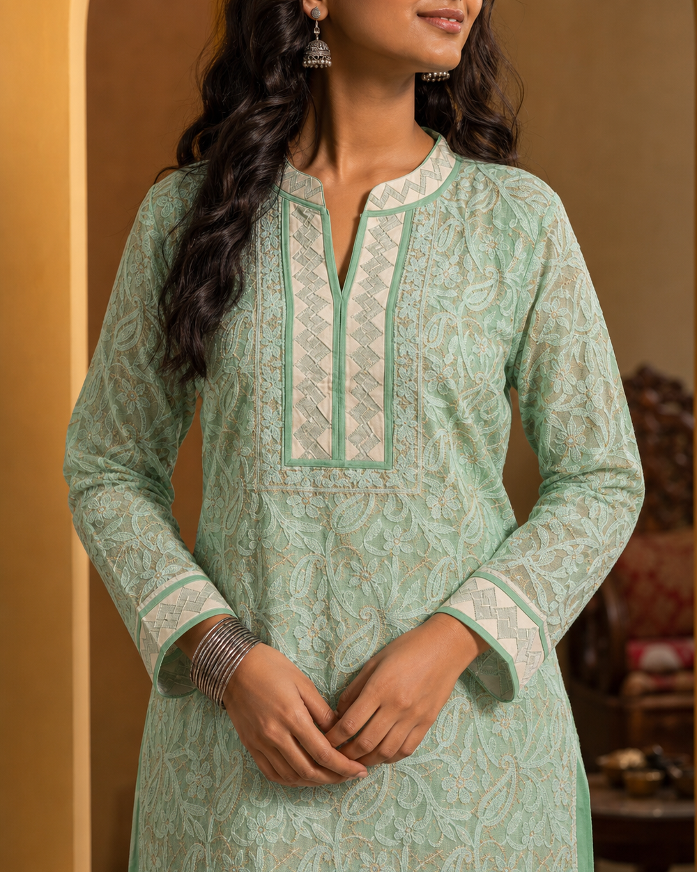 Light Mint Green Chiffon Chikankari Kurti | Rama Chikan