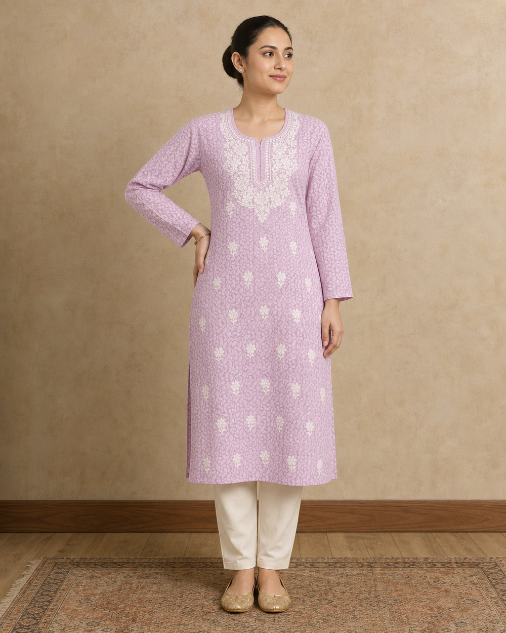 Light Pink Cotton Chikankari Kurti | Rama Chikan